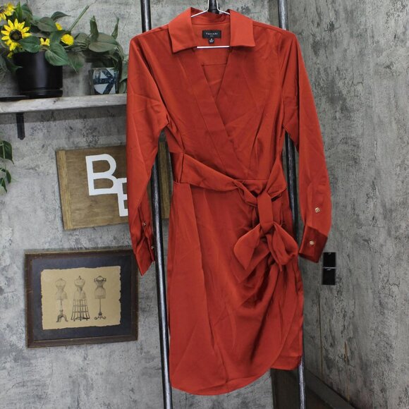 NWT Tahari ASL Collared Long-Sleeve Wrap Dress DEM401-T4 Brick Red Orange 4 - Picture 5 of 9